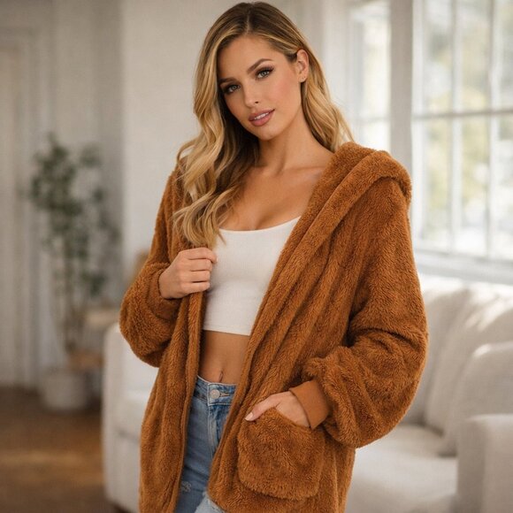 Zenana Outfitters Jackets & Blazers - Brown Teddy Sherpa Jacket with Sherpa Shawl Collar Ribbed Cuffs Pockets & Hoodie